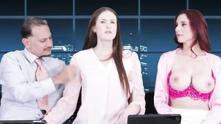 TV reporters Athena Heart and Kelly Caprice are seduced and fucked by their coworker