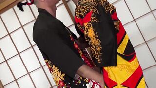 Rikiya and Reach are Japanese warriors in satin jackets and braided headbands barebac