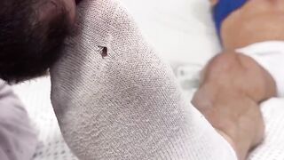 MaleFeetXXX.com - Muscular AJ Stud's tired, sweaty feet revived by a bearded guy's ex