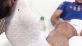 MaleFeetXXX.com - Muscular AJ Stud's tired, sweaty feet revived by a bearded guy's ex