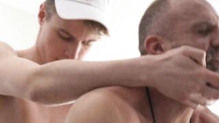 Hung twink Nick Woods rims and fucks sexy muscle coach Dan