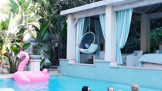 Lesbian pool threesome with horny petite teen sluts