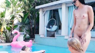 Lesbian pool threesome with horny petite teen sluts