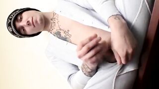 Tattooed straight jock stroking his hard cock for you