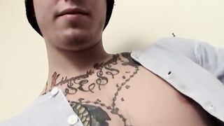 Tattooed straight jock stroking his hard cock for you