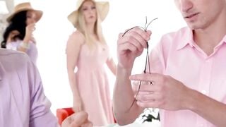 Horny stepmoms Sydney Paige and Sandy Love seduce their stepsons to fuck in a foursom