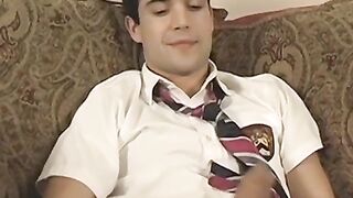 Jock student takes his uniform off to jerk his big cock off