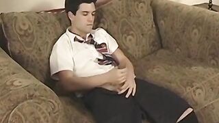 Jock student takes his uniform off to jerk his big cock off