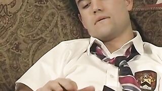Jock student takes his uniform off to jerk his big cock off