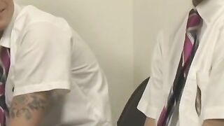 School twinks perform doggy after sloppy oral in classroom