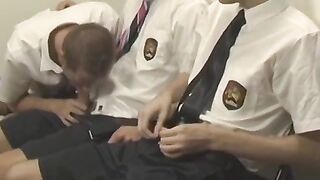 School twinks perform doggy after sloppy oral in classroom
