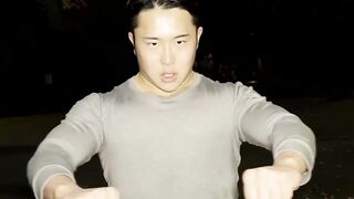 Muscular Asian Kosuke plays with his tight ass while tugging his big dick