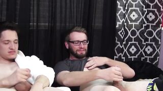 SwingYourBalls.com - Two buddies with saggy balls masturbate together and cum hard