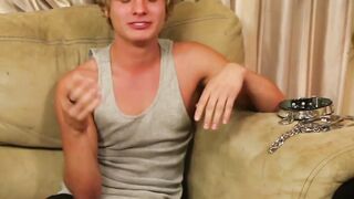 Chained BDSM twink fits huge dildos inside his tight asshole