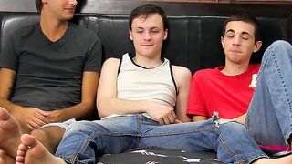 Three twinks kiss passionately before banging each other