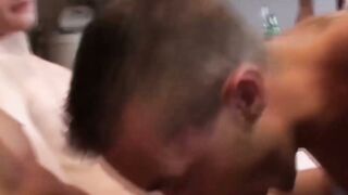 Sexy inked stud double penetrated by horny college dudes