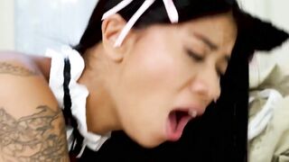 Asian babe Ameena Green pleases her masters dick until ejaculation