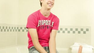 Young pale twink with blonde hair plays with dildo and wanks