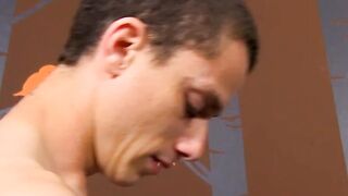 Twink pleases his massive penis with massive flashlight