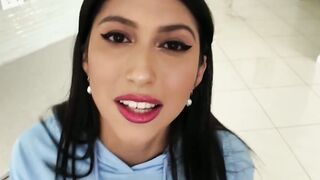 Cute stepsister Penelope Woods pleasing my big dick with her mouth