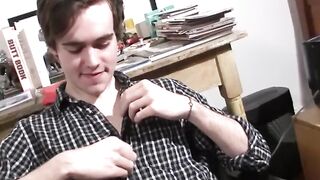 Young Mike Challenger shoots a massive load after jacking his fat uncut cock in his s