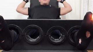 MaleFeetXXX.com - Drew Harper locked up and subjected to a hairy guy's hot foot