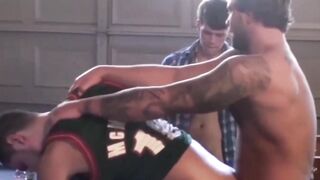 Greedy frat man gang banged and bred by angry hunk friends