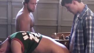 Greedy frat man gang banged and bred by angry hunk friends