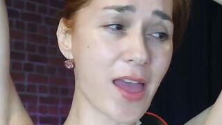 Redhead shemale jerking her shaved cock
