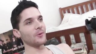 Attractive Damian pulled out and jacked his fat cock until he spilled his creamy load