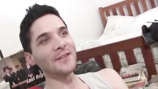 Attractive Damian pulled out and jacked his fat cock until he spilled his creamy load