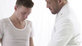 BoyMissionary.com - Young blond Mormon barebacked by a muscular pastor and receives a