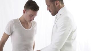 BoyMissionary.com - Young blond Mormon barebacked by a muscular pastor and receives a
