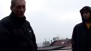 Handsome young men fool around before hard threeway pounding