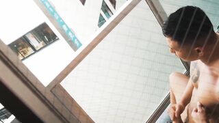KawasakiYoshi.com - Muscular Ricky shoots his load down the window while stroking his