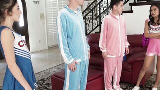 Petite cheerleaders Dani Blu and Jade Kimiko jump on their stepbrothers massive cocks