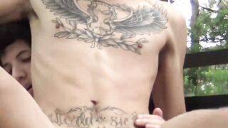 I lay down and let tattooed Ayun swallow and jerk my gigantic penis Hoe 2