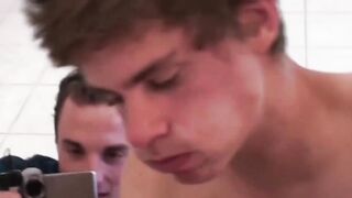 Sexy blonde bottom got horny frat men line up for his ass