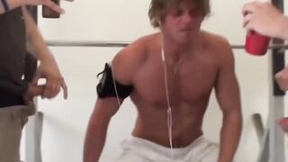 Sexy blonde bottom got horny frat men line up for his ass