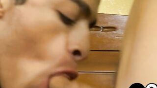 Lollipop sucking twink cums after riding big cock