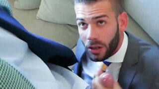 PlayingMen.com - Men in suit and tie vigorously anal pound after wet and sloppy blowj
