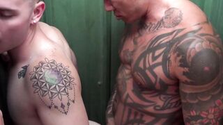 Masked Damian Dragon subdues bottom jock Danny Wilcoxx and raw fucks him