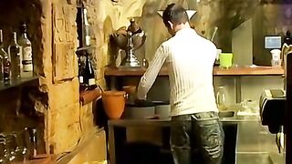 Naughty bartender Cristian vigorously wanking off on the job