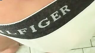 TwinkUndie.com - Tattooed homo's undies shower jerk off and powerful cumshot