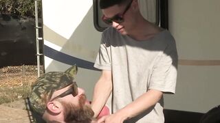 Sweaty Stepdad Sucks Teen Son in the Backwoods