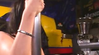 Adorable dark hair floozie seduces motor mechanic into the garage