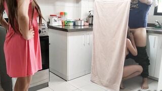 I fucked my cousin inside the kitchen but my aunt discovers us but as she is a whore she lets me continue to plowed her next to her