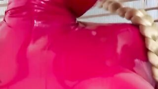SvPigitalDisguise.com  Brunette pigtails latex maid gets cumfilled facial by master