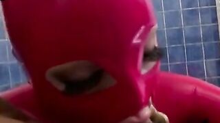 SvPigitalDisguise.com  Brunette pigtails latex maid gets cumfilled facial by master