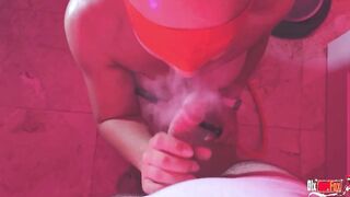 Point Of View Smoking cougar Stepmom Deepthroats and Gets Cum into Mouth